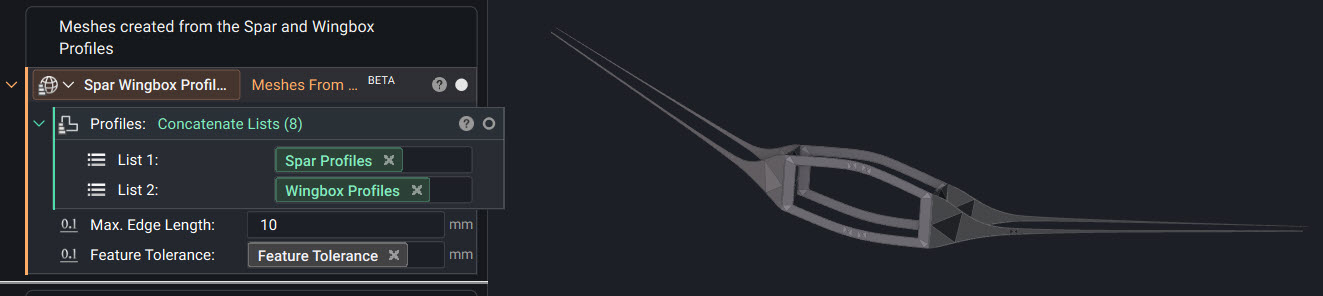 Generating the meshed profiles of the Spar and Wingbox using the Meshes from Profiles block