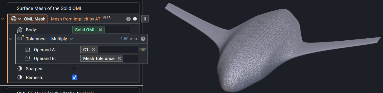 Creating the surface mesh of the aircraft oml using the Mesh from Implicit by AT block