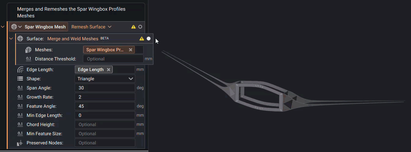 Combining the mesh list using Merge and Weld Meshes. Uniform mesh elements are then created using the Remesh Surface block.