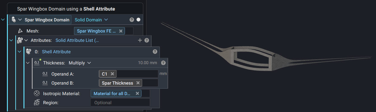 Creating the Solid Domain by applying a Shell Attribute to the Spar Wingbox FE Surface Mesh.